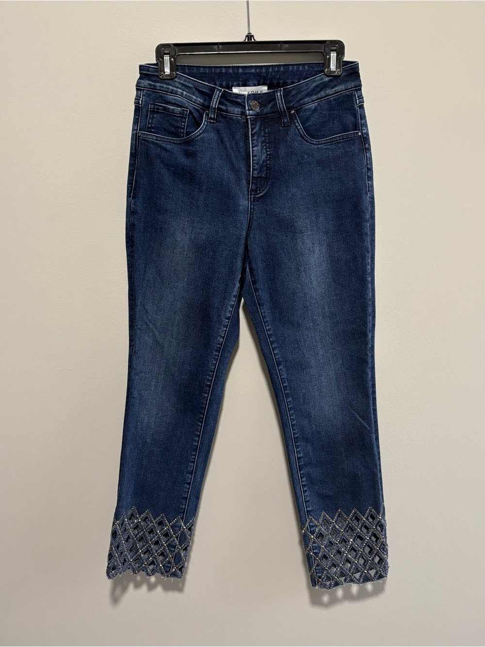 Joseph Ribkoff Embellished Lattice Hem Crop Jeans Blue Stretch Size 8